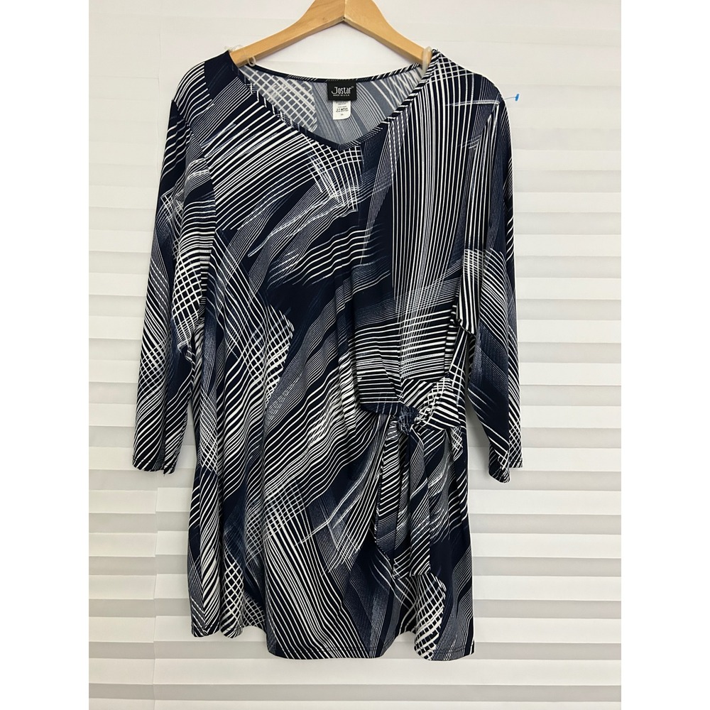 Jostar Womens 3XL Navy Blue White Abstract Line Print Side Tie‎ V-Neck Tunic Top